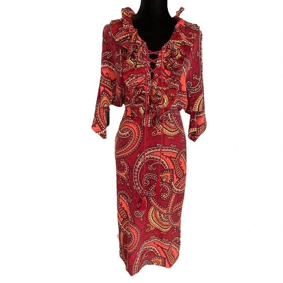 UTERQÜE Silk Bohemian Dress Batwings Paisley Print size Small - Picture 1 of 8